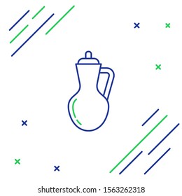 Blue and green line Bottle of olive oil icon isolated on white background. Jug with olive oil icon. Colorful outline concept. Vector Illustration