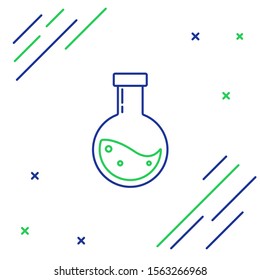 Blue and green line Bottle with potion icon isolated on white background. Flask with magic potion. Happy Halloween party. Colorful outline concept. Vector Illustration