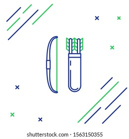 Blue and green line Bow and arrow in quiver icon isolated on white background. Colorful outline concept. Vector Illustration