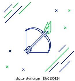 Blue and green line Bow and fire arrow icon isolated on white background. Colorful outline concept. Vector Illustration