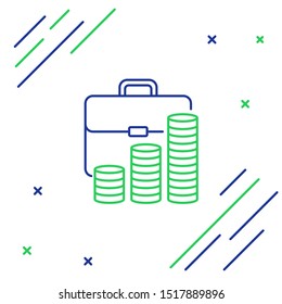 Blue and green line Briefcase and coin icon isolated on white background. Business case sign. Business portfolio. Colorful outline concept. Vector Illustration Blue and green line Briefcase and coin icon isolated on white background. Business case sign. Business portfolio. Colorful outline concept. Vector Illustration
