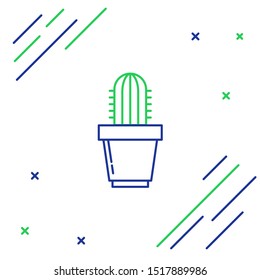Blue and green line Cactus and succulent in pot icon isolated on white background. Plant growing in a pot. Potted plant sign. Colorful outline concept. Vector Illustration