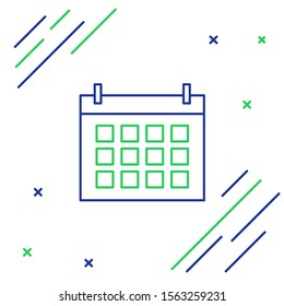 Blue and green line Calendar icon isolated on white background. Event reminder symbol. Colorful outline concept. Vector Illustration