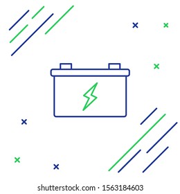 Blue and green line Car battery icon isolated on white background. Accumulator battery energy power and electricity accumulator battery. Colorful outline concept. Vector Illustration