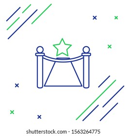 Blue and green line Carpet with barriers and star icon isolated on white background. VIP event, luxury celebration. Celebrity party entrance. Colorful outline concept. Vector Illustration
