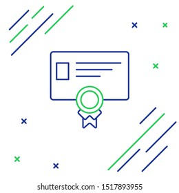 Blue and green line Certificate template icon on white background. Achievement, award, degree, grant, diploma concepts. Business success certificate. Colorful outline concept. Vector Illustration