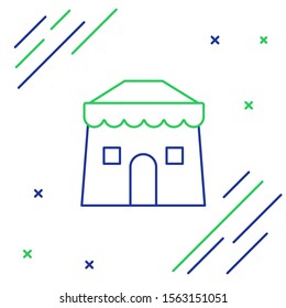 Blue and green line Circus tent icon isolated on white background. Carnival camping tent. Amusement park. Colorful outline concept. Vector Illustration