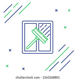 Blue and green line Cleaning service with of rubber cleaner for windows icon isolated on white background. Squeegee, scraper, wiper. Colorful outline concept. Vector Illustration