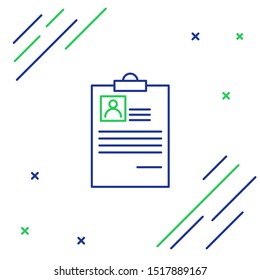 Blue and green line Clipboard with resume icon isolated on white background. CV application. Curriculum vitae, job application form with profile photo.  Colorful outline concept. Vector Illustration