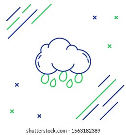 Blue and green line Cloud with rain icon isolated on white background. Rain cloud precipitation with rain drops. Colorful outline concept. Vector Illustration