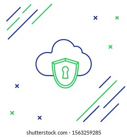Blue and green line Cloud and shield icon isolated on white background. Cloud storage data protection. Security, safety, protection, privacy concept. Colorful outline concept. Vector Illustration