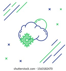 Blue and green line Cloud with snow and sun icon isolated on white background. Cloud with snowflakes. Single weather icon. Snowing sign. Colorful outline concept. Vector Illustration