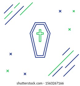 Blue and green line Coffin with christian cross icon isolated on white background. Happy Halloween party. Colorful outline concept. Vector Illustration