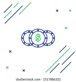 Blue and green line Coin money with dollar symbol icon isolated on white background. Banking currency sign. Cash symbol. Colorful outline concept. Vector Illustration