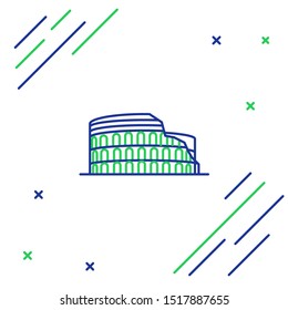 Blue and green line Coliseum in Rome, Italy icon isolated on white background. Colosseum sign. Symbol of Ancient Rome, gladiator fights. Colorful outline concept. Vector Illustration