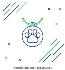 Blue and green line Collar with name tag icon on white background. Supplies for domestic animal. Dog or cat paw print. Cat and dog care. Pet chains. Colorful outline concept. Vector Illustration