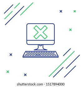 Blue and green line Computer with keyboard and x mark icon on white background. Error window, exit button, cancel, 404 error page not found concept. Colorful outline concept. Vector Illustration