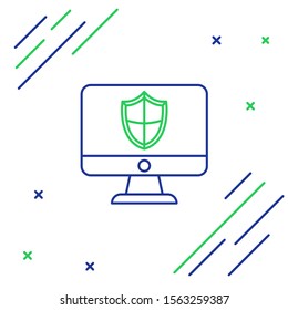 Blue and green line Computer monitor and shield icon isolated on white background. Security, firewall technology, internet privacy safety or antivirus. Colorful outline concept. Vector Illustration