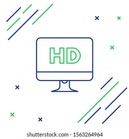 Blue and green line Computer PC monitor display with HD video technology icon isolated on white background. Colorful outline concept. Vector Illustration