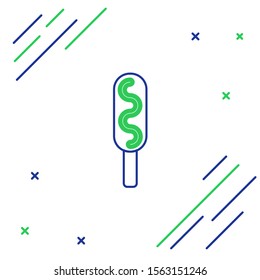 Blue and green line Corn dog icon isolated on white background. Traditional american fast food. Colorful outline concept. Vector Illustration