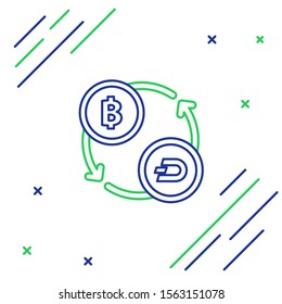 Blue and green line Cryptocurrency exchange icon isolated on white background. Bitcoin to Dash exchange icon. Cryptocurrency technology, mobile banking. Colorful outline concept. Vector Illustration