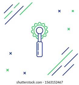 Blue and green line Cutter tool icon isolated on white background. Sewing knife with blade. Colorful outline concept. Vector Illustration