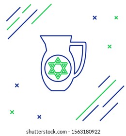 Blue and green line Decanter with star of david icon isolated on white background. Pottery jug. Organic product in carafe. Colorful outline concept. Vector Illustration