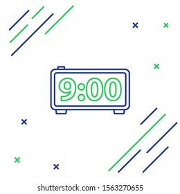 Blue and green line Digital alarm clock icon isolated on white background. Electronic watch alarm clock. Time icon. Colorful outline concept. Vector Illustration