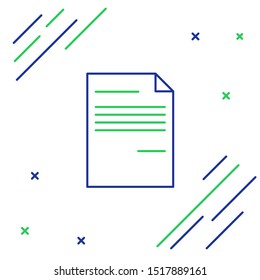 Blue and green line Document icon isolated on white background. File icon. Checklist icon. Business concept.  Colorful outline concept. Vector Illustration