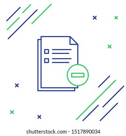 Blue and green line Document with minus icon isolated on white background. Clear document. Remove file document. Delete information file. Colorful outline concept. Vector Illustration