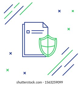 Blue and green line Document protection concept icon isolated on white background. Confidential information and privacy idea, secure, guard, shield. Colorful outline concept. Vector Illustration