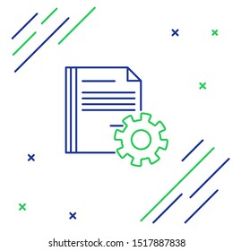 Blue and green line Document settings with gears icon isolated on white background. Software update, transfer protocol, teamwork tool management. Colorful outline concept. Vector Illustration