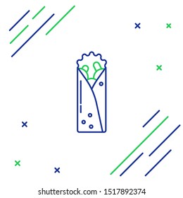 Blue and green line Doner kebab icon isolated on white background. Shawarma sign. Street fast food menu. Colorful outline concept. Vector Illustration