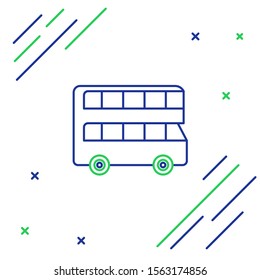 Blue and green line Double decker bus icon isolated on white background. London classic passenger bus. Public transportation symbol. Colorful outline concept. Vector Illustration