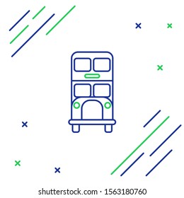 Blue and green line Double decker bus icon isolated on white background. London classic passenger bus. Public transportation symbol. Colorful outline concept. Vector Illustration