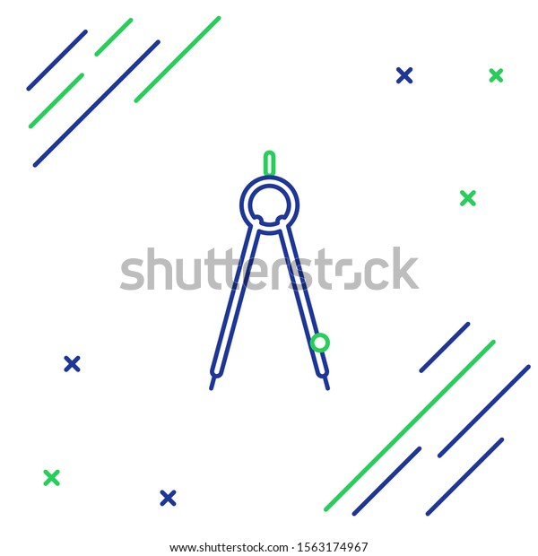Blue and green line Drawing compass icon\
isolated on white background. Compasses sign. Drawing and\
educational tools. Geometric instrument. Colorful outline concept.\
Vector Illustration