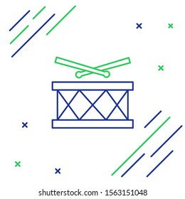 Blue and green line Drum with drum sticks icon isolated on white background. Music sign. Musical instrument symbol. Colorful outline concept. Vector Illustration