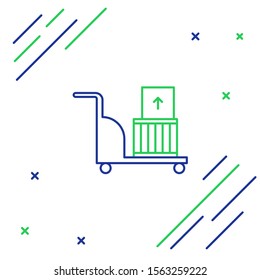 Blue and green line Electric hand truck and boxes icon isolated on white background. Dolly symbol. Colorful outline concept. Vector Illustration