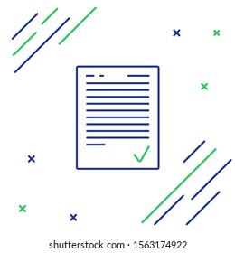 Blue and green line Exam sheet with check mark icon isolated on white background. Test paper, exam, or survey concept. School test or exam. Colorful outline concept. Vector Illustration