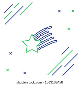 Blue and green line Falling star icon isolated on white background. Shooting star with star trail. Meteoroid, meteorite, comet, asteroid, star icon. Colorful outline concept. Vector Illustration