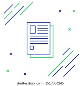 Blue and green line File document icon isolated on white background. Checklist icon. Business concept. Colorful outline concept. Vector Illustration