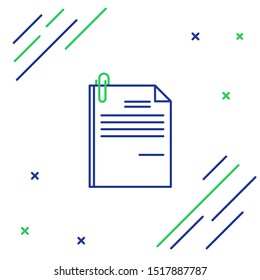 Blue and green line File document and paper clip icon isolated on white background. Checklist icon. Business concept. Colorful outline concept. Vector Illustration