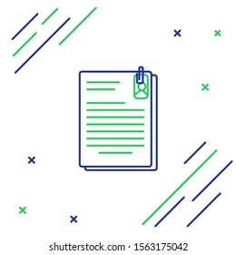 Blue and green line File document and paper clip icon isolated on white background. Checklist icon. Business concept. Colorful outline concept. Vector Illustration