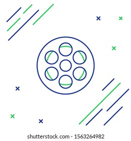 Blue and green line Film reel icon isolated on white background. Colorful outline concept. Vector Illustration