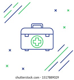 Blue and green line First aid kit icon isolated on white background. Medical box with cross. Medical equipment for emergency. Healthcare concept. Colorful outline concept. Vector Illustration