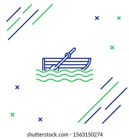 Blue and green line Fishing boat with oars on water icon isolated on white background. Colorful outline concept. Vector Illustration