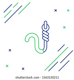 Blue and green line Fishing hook and worm icon isolated on white background. Fishing tackle. Colorful outline concept. Vector Illustration