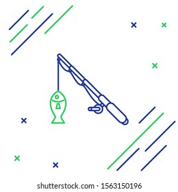 Blue and green line Fishing rod and fish icon isolated on white background. Fishing equipment and fish farming topics. Colorful outline concept. Vector Illustration