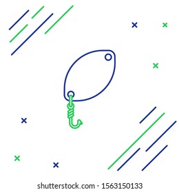 Blue and green line Fishing spoon icon isolated on white background. Fishing baits in shape of fish. Fishing tackle. Colorful outline concept. Vector Illustration