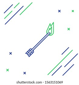 Blue and green line Flame arrow icon isolated on white background. Hipster arrow icon. Colorful outline concept. Vector Illustration